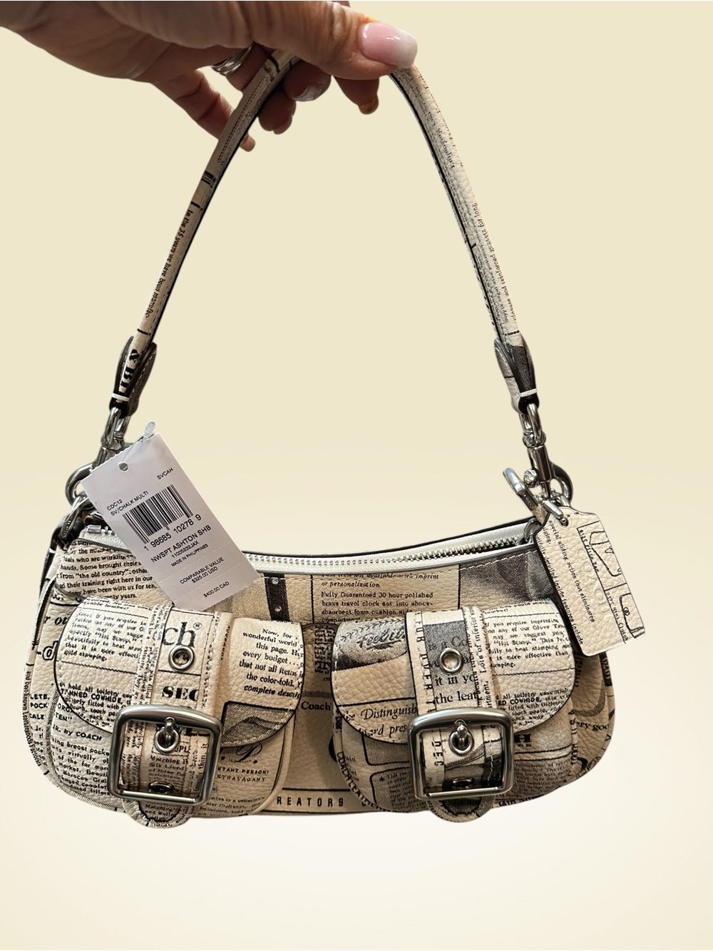 Coach Beige & Cream Newspaper Print Leather Shoulder Bag